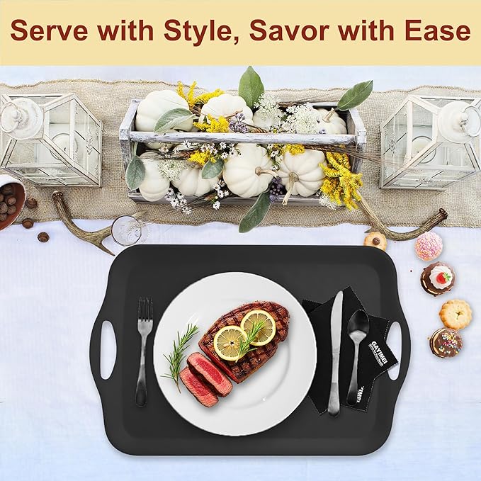 20" x 13" Large Serving Platters for Turkey, Cookie, Cupcakes, Gift Ready Melamine Serving Tray with Handles for Party Entertaining, Raised Dots & Matt Finish, Set of 2, Black