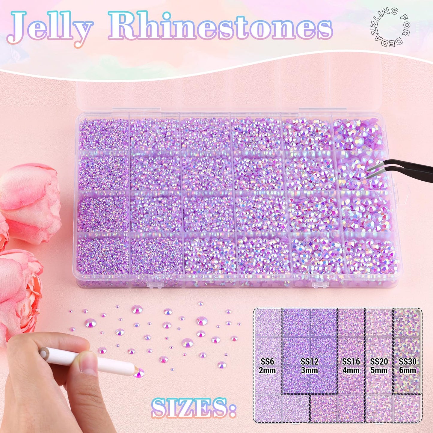 25000Pcs Resin Jelly Rhinestones with Tweezers for Crafting, 2-6mm Mixed Sizes (Lavender Purple AB) Non Hotfix Flatback Gems, Bedazzling Crystal for DIY Crafts Clothing Tumblers Shoes Decor Nail Art-BrightBean Baby