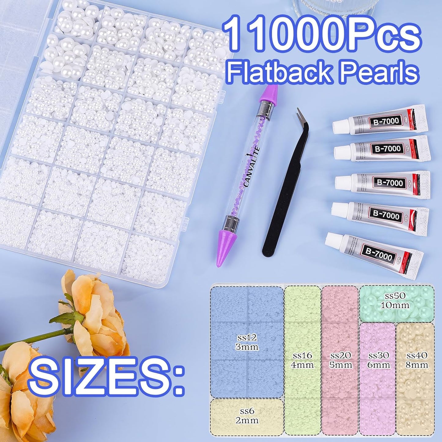 Canvalite 11000Pcs Flatback Pearls for Crafting, Multiple Sizes Half Nail Pearls with 5Pcs B7000 Jewelry Glues & Picker Tools Bedazzling Bead for DIY Crafts Clothing Tumblers Shoes Decors Nail Art-BrightBean Baby