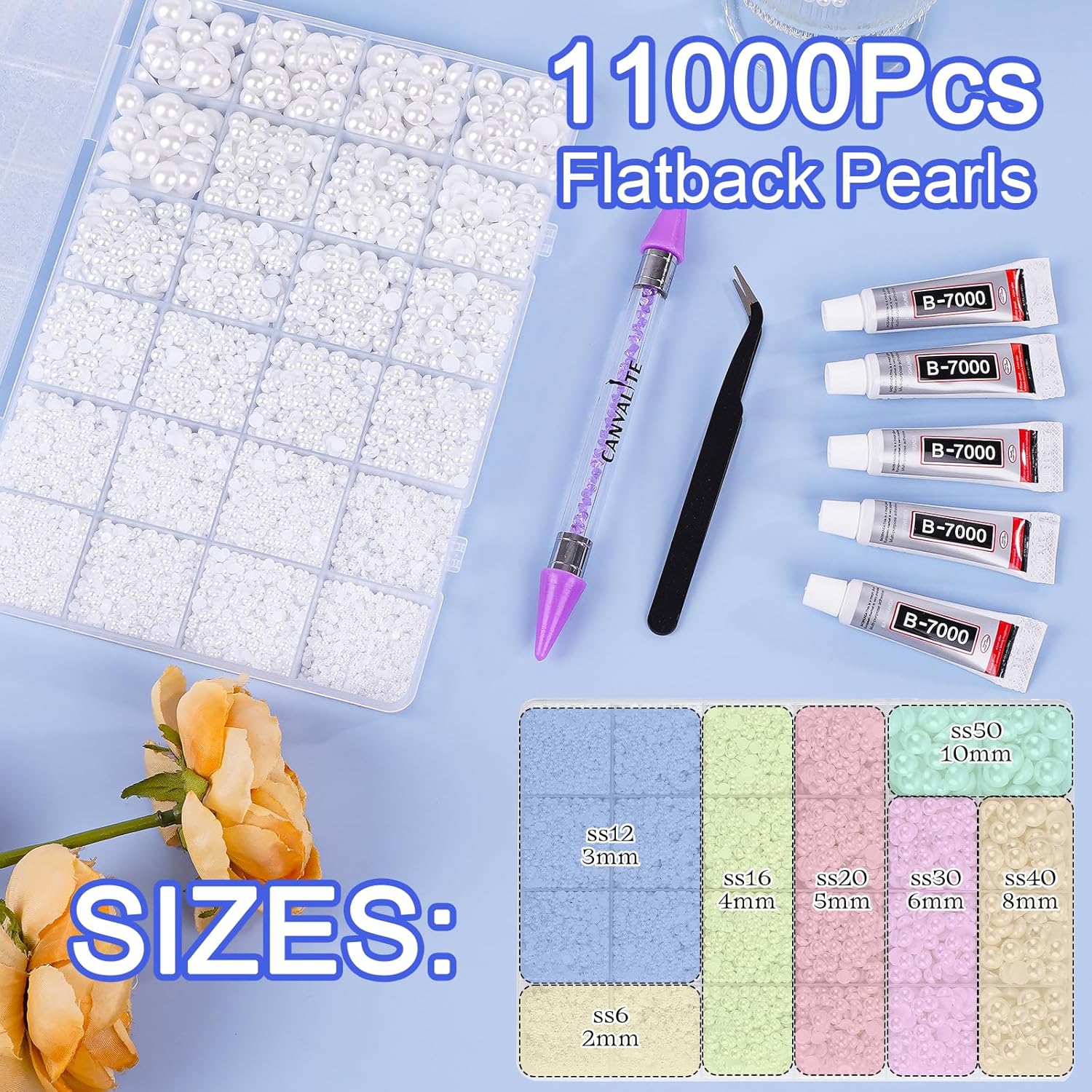 Canvalite 11000Pcs Flatback Pearls for Crafting, Multiple Sizes Half Nail Pearls with 5Pcs B7000 Jewelry Glues & Picker Tools Bedazzling Bead for DIY Crafts Clothing Tumblers Shoes Decors Nail Art-BrightBean Baby
