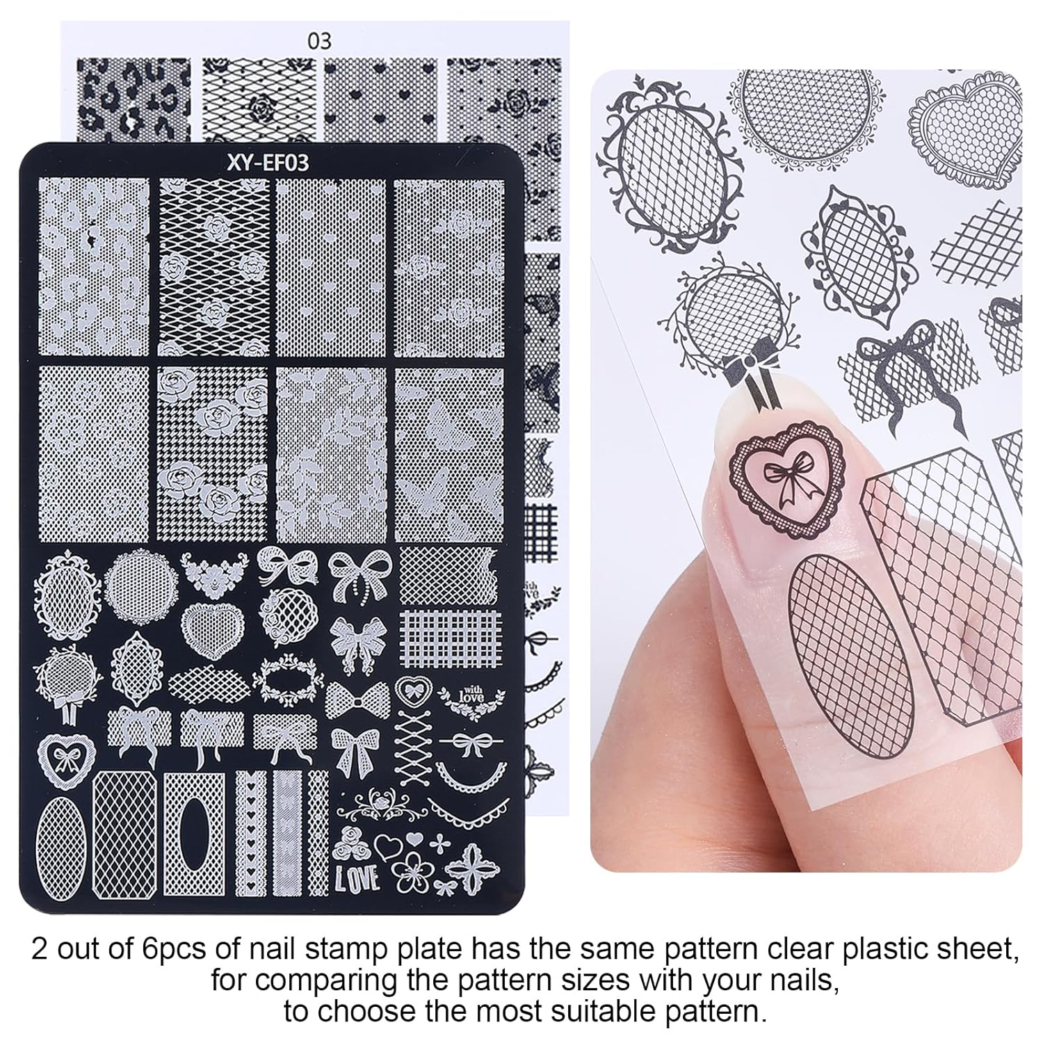 6pcs Lace Flower Design Nail Stamping Plate Kit With French Tip Nail Stamper Kit Ribbon Bow Knot Nail Stencil Reusable Stainless Steel Manicure Tool Nail Supplies for Salon DIY-BrightBean Baby