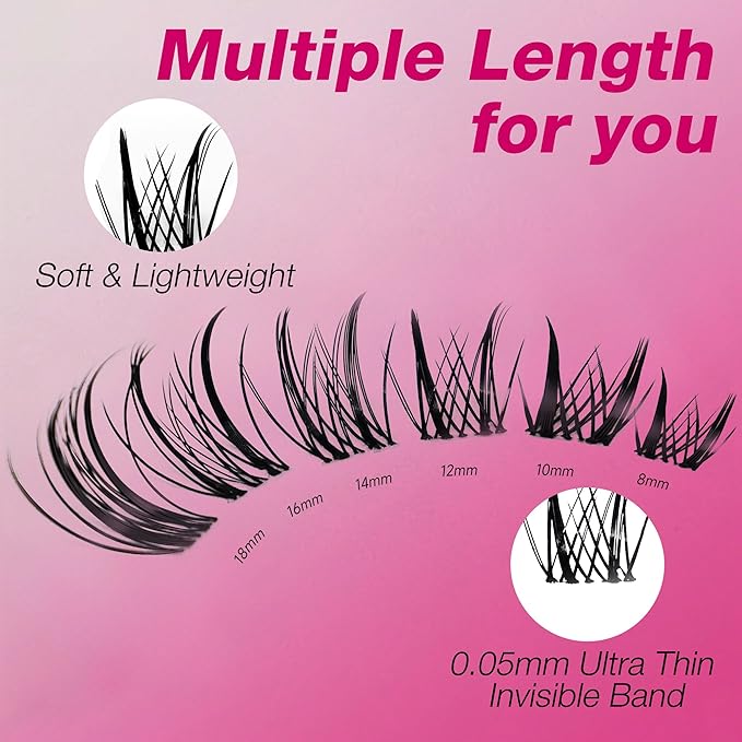 VEYESBEAUTY Lash Clusters Kit Eyelash Extensions Thin & Invisible Band DIY Individual False Eyelashes Newbie's Five-Second Series Lash Tray for Self-application, Sylph Lashes 8-18mm Mixed Length-BrightBean Baby