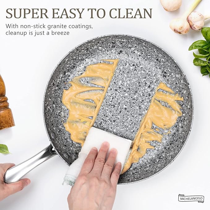 MICHELANGELO 10 Inch Frying Pan with Lid, Nonstick Frying Pan with Non Toxic Granite Coating, 10 Inch Stone Skillet, Non Stick Frying Pans for Cooking, Induction Compatible