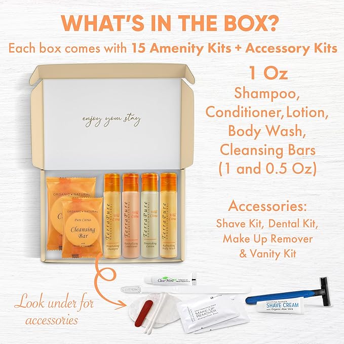 Terra Pure Amenity & Accessory Kit |1 oz Travel Size Shampoo, Conditioner, Lotion, Body Wash, 2 Cleansing Bars, Shave & Dental Sets, Make-Up Remover Wipes, & Vanity Kit | 15 sets per case-BrightBean Baby