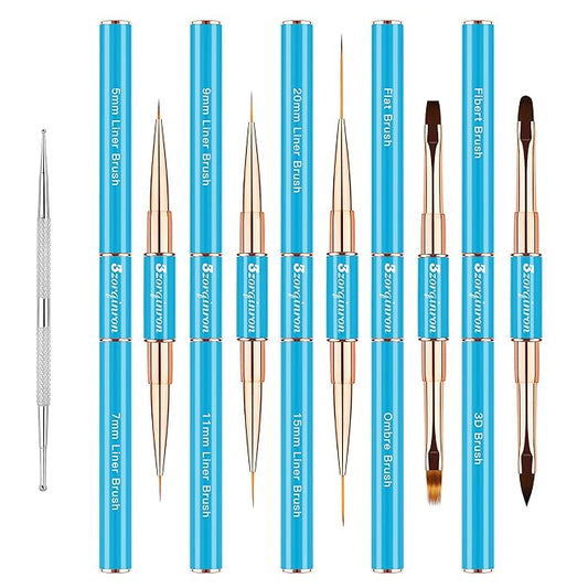 Nail Art Bushes Set, Professional 5Pcs Double-Ended Nail Brush Kit for Details, Long Lines, Ombre & 3D Design-Perfect for DIY Manicures & Salons (Blue)-BrightBean Baby