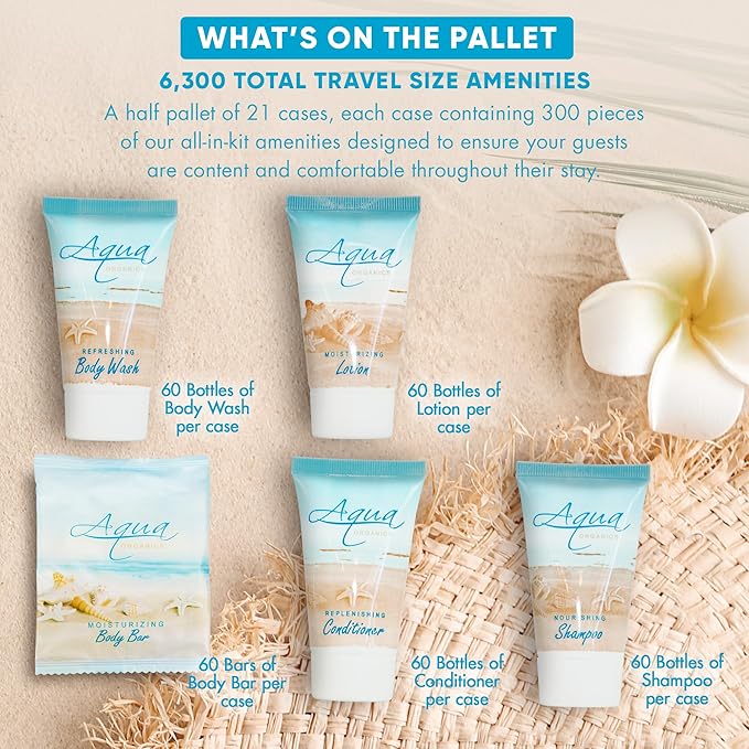 Aqua Organics Hotel Soaps and Toiletries Bulk Set | 1oz Hotel Shampoo & Conditioner, Body Wash, Body Lotion & 1oz Bar Soap Travel Size | Half Pallet 21 cases with 300 units each - 6,300 pieces-BrightBean Baby