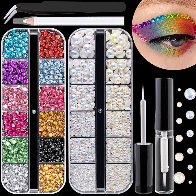 Flat Back Rhinestone+Half Round Pearl Kits Colorful Rhinestones+White AB&Beige AB Pearls With Quick Dry Makeup Glue+Picker Pencil+Tweezer For Nail Art And Face Make-up-BrightBean Baby