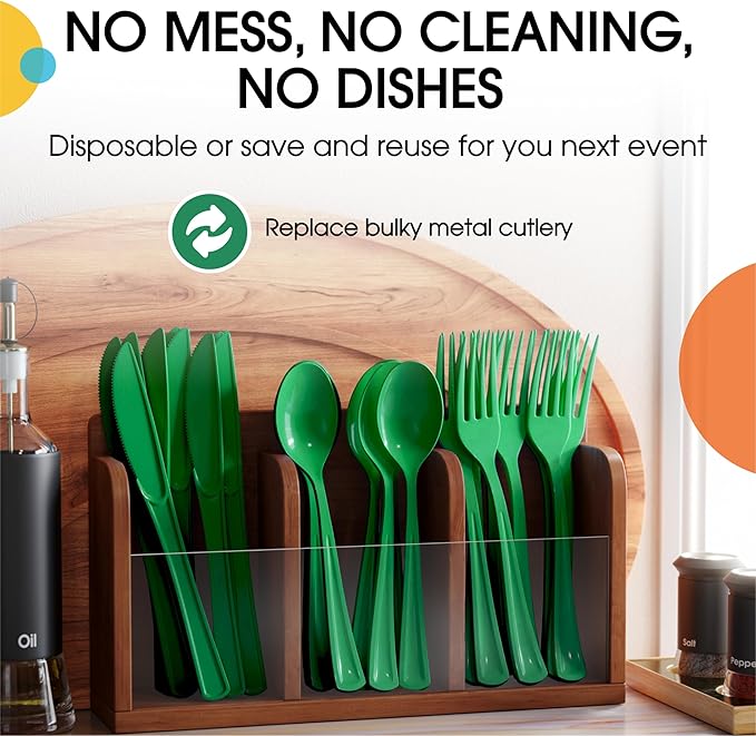 Party Solids Emerald Green Plastic Silverware Heavy Duty 300 Pcs Green Plastic Cutlery Sets, Utensil Sets, 100 Of Each Forks, Knives & Spoons Disposable Cutlery Set, Flatware Set For Party Supplies