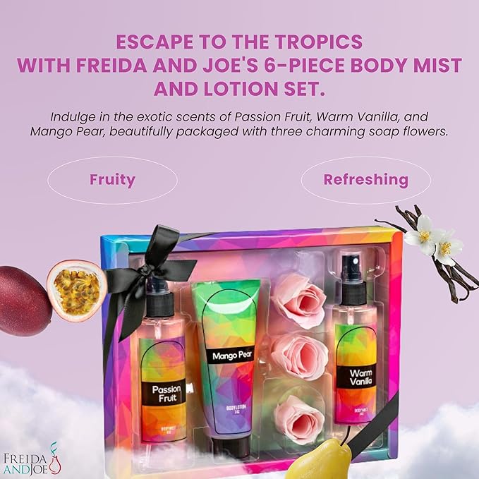 Fine Fragrance Body Mist & Body Splash Gift Set – Luxury Self-Care Combo for Women and Girls (Passion Fruit, Warm Vanilla, Mango Pear, Rose Soap)-BrightBean Baby
