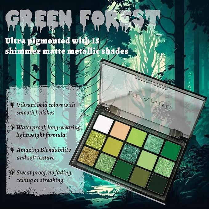 UCANBE Green Eyeshadow Makeup Palette, 15 Colors Bright Dark Green Shimmer Matte Metallic Glitter Eye Shadow, Forest Emerald Lime Pallet Kit for Cosplay Parties Christmas Halloween SFX-BrightBean Baby