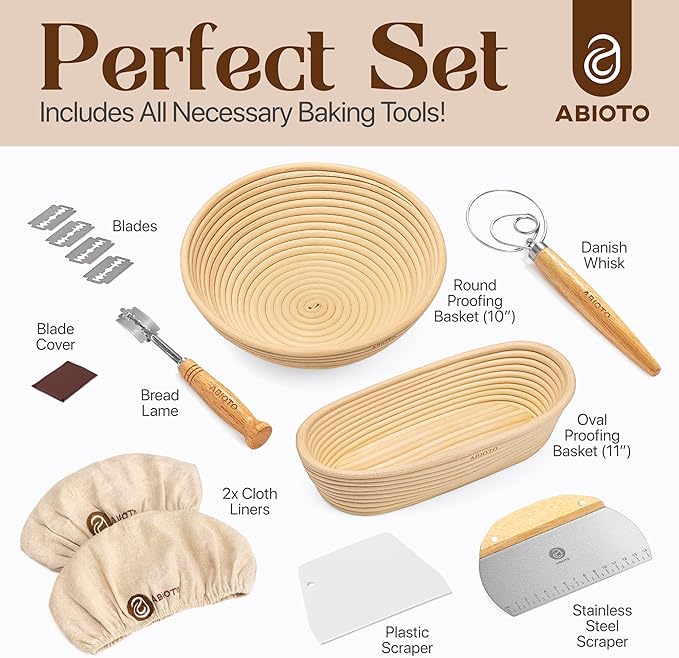 Sourdough Kit with Professional Bread Making Tools - Complete Sourdough Bread Making Kit with 10" Round & 11" Oval Handcrafted Bannetons, Bread Lame, Danish Whisk, Bowl & Dough Scrapers (14-Piece Kit)