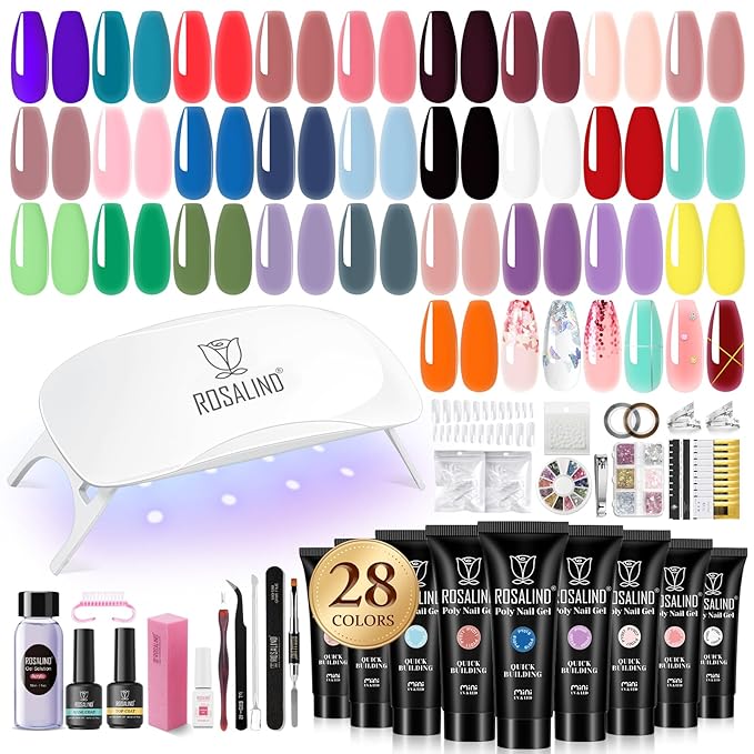 ROSALIND 28 Colors Poly Nail Gel Kit With Mini Lamp - Clear Neon Starter Kit for Beginners, Halloween, Spring, Summer With Everything-BrightBean Baby