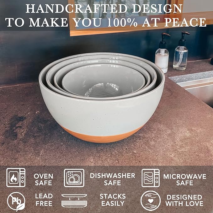Mora Ceramic Large Mixing Bowls - Set of 2 Nesting Bowls for Cooking, Serving, Popcorn, Salad etc - Microwavable Kitchen Stoneware, Oven, Microwave and Dishwasher Safe - Extra Big 2.5 & 1.6 Qt - Grey