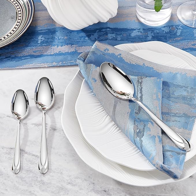 KEAWELL Premium Astra 4-Piece 9 inch Spoon Set – Mirror-Finished 18/10 Stainless Steel with Diamond-Faceted Handles Dishwasher Safe for Modern Dining (4, Serving Spoons)