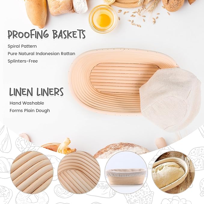 Bread Proofing Baskets Set of 2 10 inch Oval Shaped Dough Proofing Bowls w/Liners Perfect for Professional & Home Sourdough Bread Baking