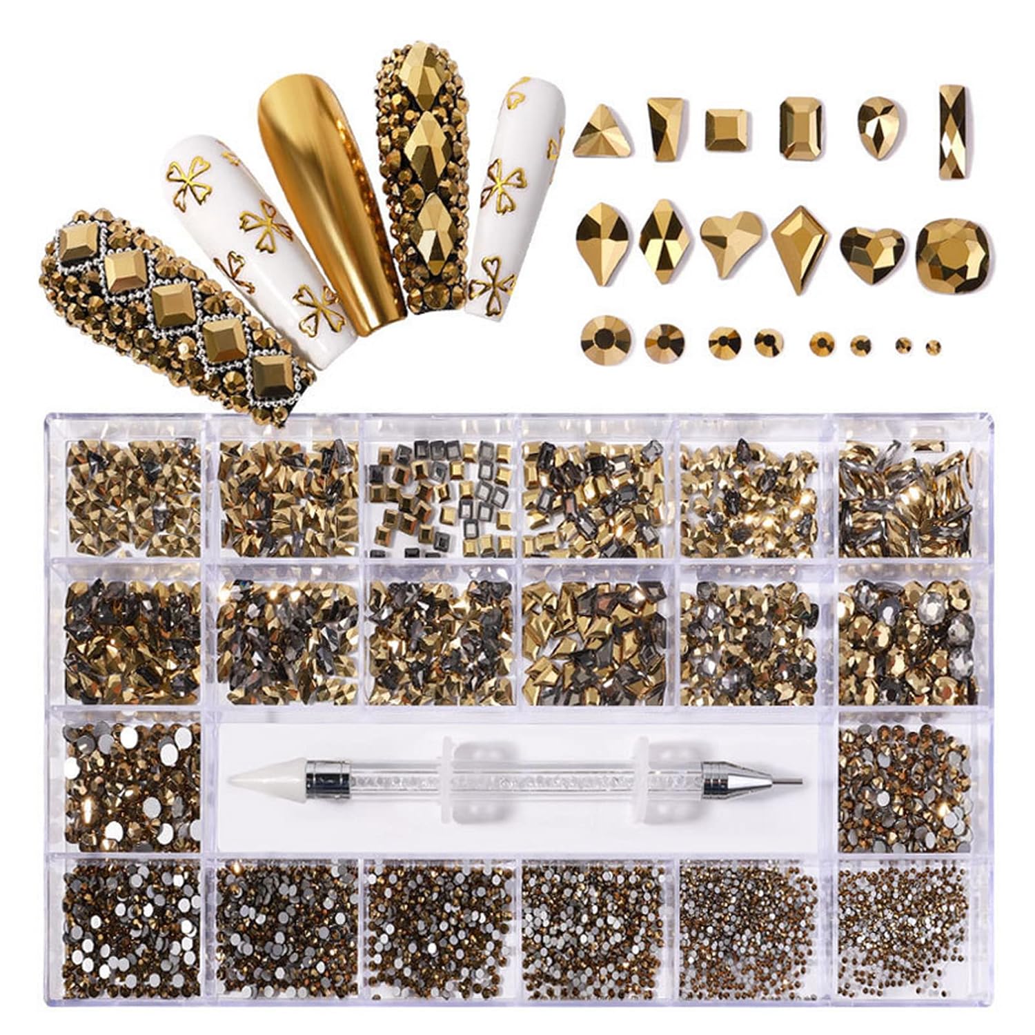 Nail Rhinestones Kit, Nail Art Decorations with Wax Pencil Flat AB Rhinestones Kit DIY Crafts Gemstones for Nail, Shoes, Clothes, Jewels (600 Gold diamonds + 2500 flat rhinestones)-BrightBean Baby