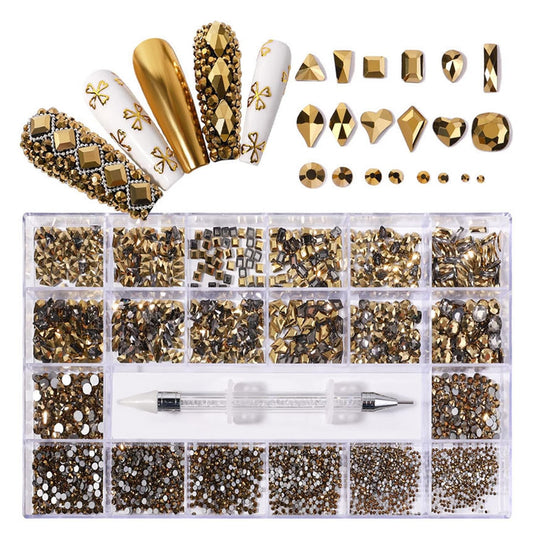 Nail Rhinestones Kit, Nail Art Decorations with Wax Pencil Flat AB Rhinestones Kit DIY Crafts Gemstones for Nail, Shoes, Clothes, Jewels (600 Gold diamonds + 2500 flat rhinestones)-BrightBean Baby