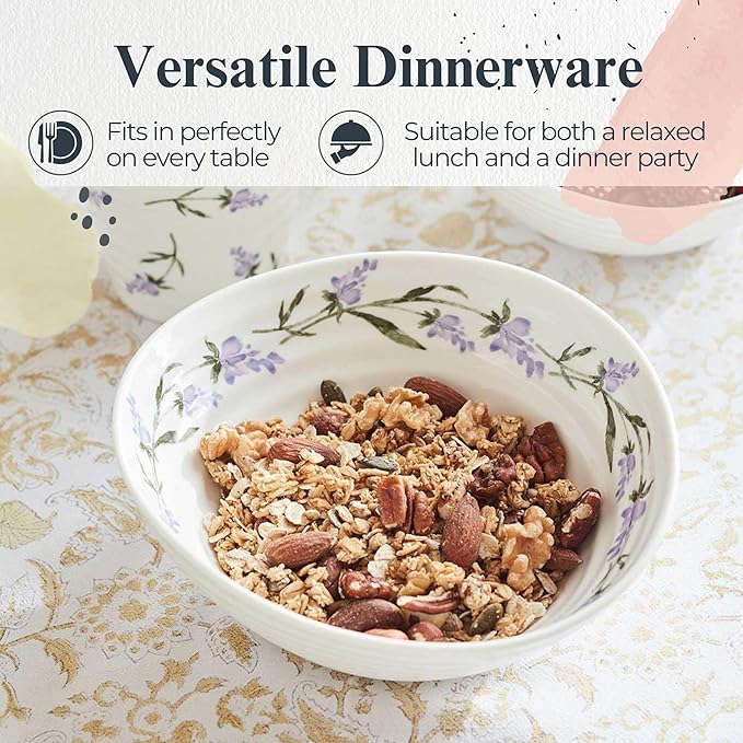 Portmeirion Sophie Conran Lavandula Cereal Bowl - 7.5 Inch Porcelain Soup & Ice Cream Bowls with Lavender Spring Design, Ripple Texture, Freezer to Oven Safe Dinnerware Collection