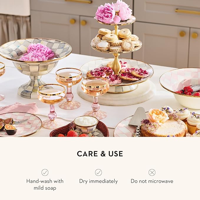 MACKENZIE-CHILDS Enamel Salad Serving Set, Enamel Bowl and Wooden Salad Servers, Decorative Kitchen Set, Gray-and-White Sterling Check