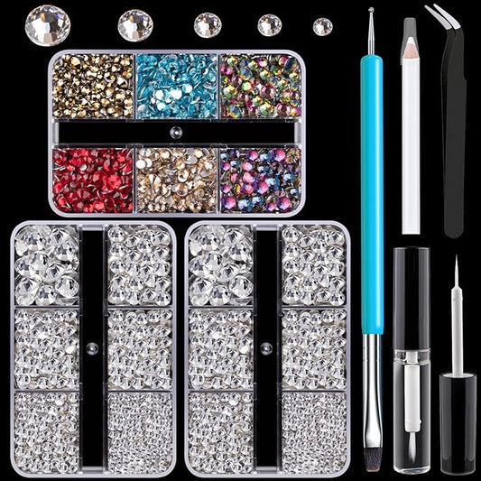 Colorful Face Gems for Makeup Set, Flatback Gorgeous Glass Clear Gems+Mixed-Colored Crystals with Picker Pencil, Makeup Glue, Dual-End Dotting Tool, Tweezer for Eye Body Hair Make-up and Nail Art Deco-BrightBean Baby
