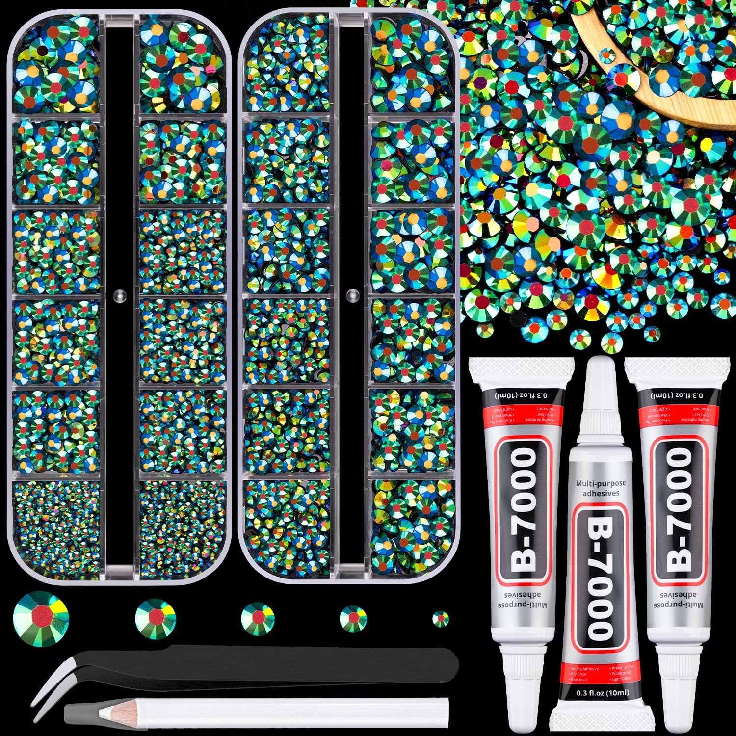 Resin Jelly Rhinestones for Crafting with B7000 Jewelry Glue, 2 Boxes Emerald Black AB Flatback Crystals with 3Pcs 10ml Glue, Bedazzling Non Hotfix Gems for DIY Tumblers Clothing Shoes Manicure-BrightBean Baby