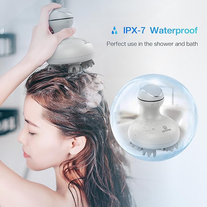 COMFIER Electric Scalp Head Massager with 4 Soft Silicone Massage Heads, Portable Hair Massager for Hair Growth, Relieve Stress, Head Scratcher for Deep Relaxation, Dog Cat Massager, Gray-BrightBean Baby