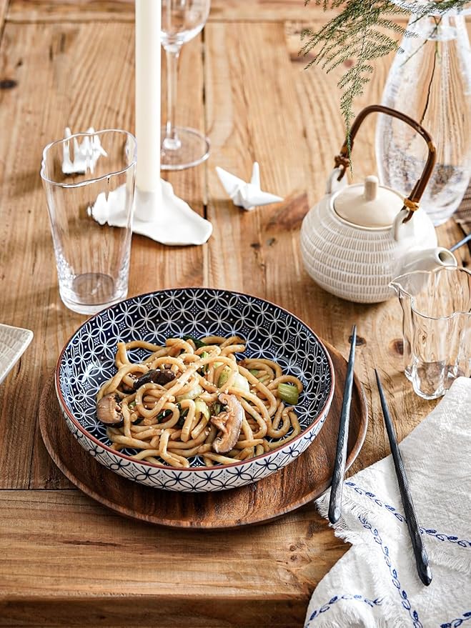 LE TAUCI Pasta Bowl 32 oz, Salad Bowl Serving Plate Bowls, Housewarming Wedding Present, Japanese-Style Ceramic Bowls for Pasta, Fruits, Salad, Noodle, Dinner - 8.2 Inch, Set of 4, Vintage Blue