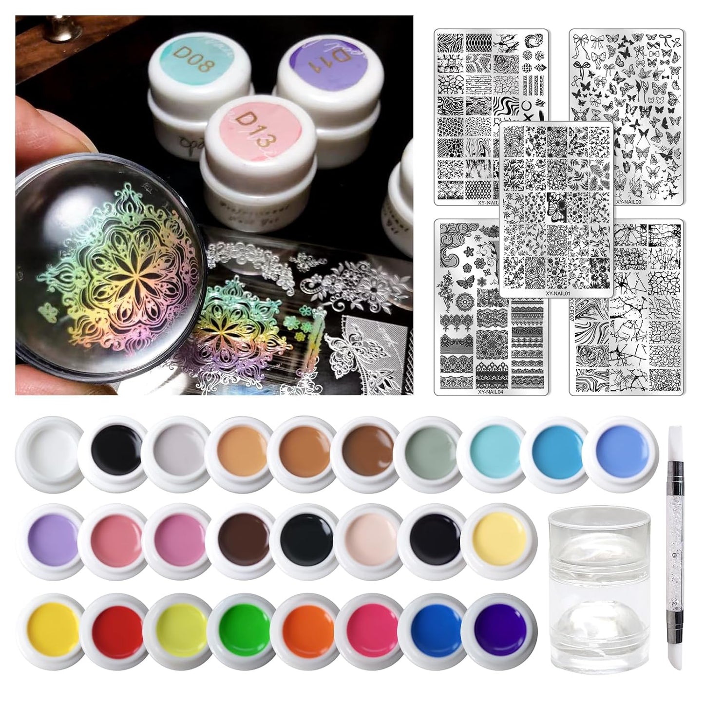 Nail Art Stamping Kit - 26 Color Gels with 5 Stainless Steel Plates, Dual-Ended Silicone Stamper & Scraper - DIY Nail Design Set for Beginners and Pros-BrightBean Baby