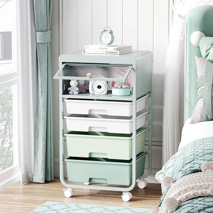 Utility-Rolling-Storage-Drawer-Craft-Cart-Organizers with 4 Drawers & Dust-proof Door for Kid Craft Art Room,Bedroom,Home Office, 4 Tiers Drawer cart, Green-BrightBean Baby