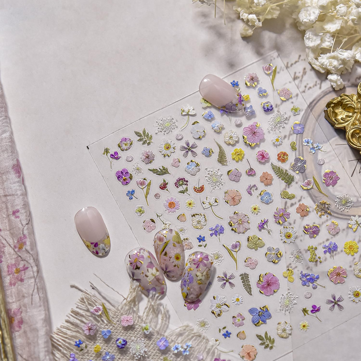 Flowers Nail Art Stickers Colorful Dried Flower Nail Decals 3D Self Adhesive Gold Foil Designs Spring Summer Nail Sticker Daisy Nail Stickers Cute Floral Nail Decal for DIY Nail Art Nails Decor Women-BrightBean Baby