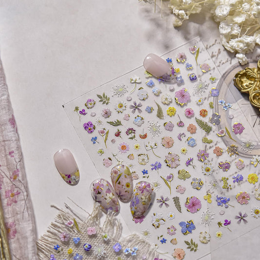 Flowers Nail Art Stickers Colorful Dried Flower Nail Decals 3D Self Adhesive Gold Foil Designs Spring Summer Nail Sticker Daisy Nail Stickers Cute Floral Nail Decal for DIY Nail Art Nails Decor Women-BrightBean Baby