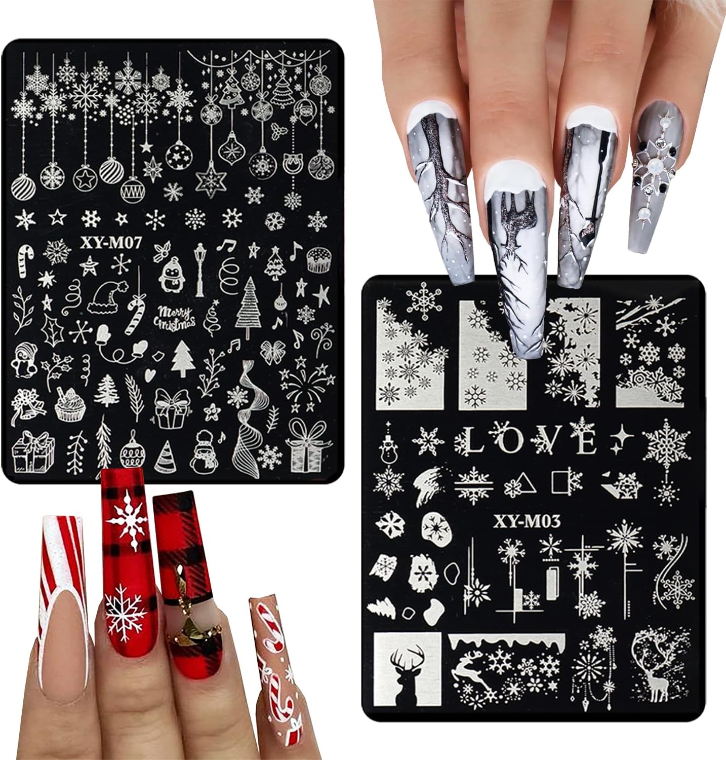 6Pcs Christmas Stamping Plates Set Winter Nail Stamp Kit Xmas Art Image Plates With Snowflakes Tree Bell Snowman Elk Designs DIY Stainless Steel Polish Template-BrightBean Baby
