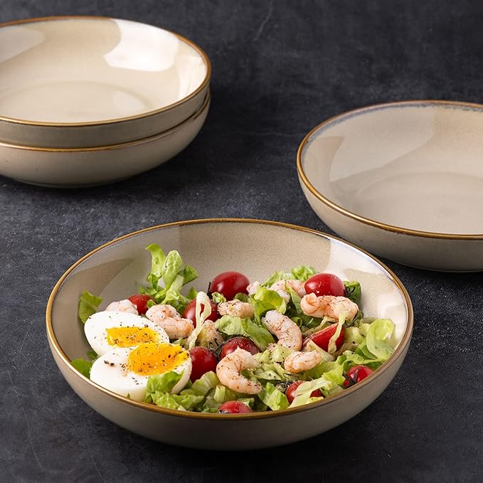 AmorArc 8.5'' Large Pasta Bowls, 36oz Ceramic Pasta Serving Bowls Set of 4 for Kitchen, Wide Bowls for Pasta,Salad,Oatmeal, Microwave Safe, Reactive Glaze-Latte