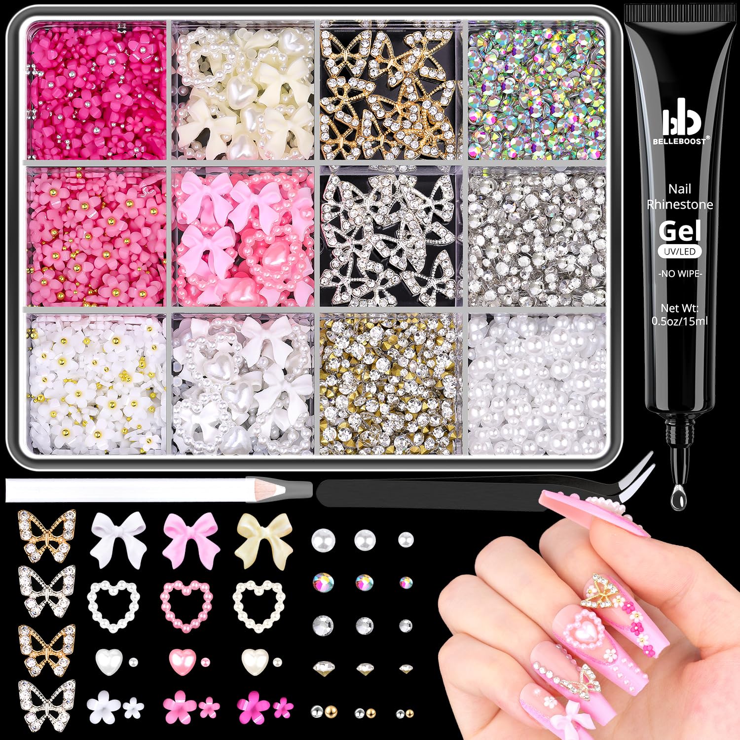 3D Nail Charms and Gems Set 8 with Rhinestone Glue, 20PCS Chunky Butterfly Charms + 75PCS Coquette Nail Bows and Hearts + 3D Flowers with Crystals, Pearls, Diamonds and Picker Tools for Y2K Nail Decor-BrightBean Baby