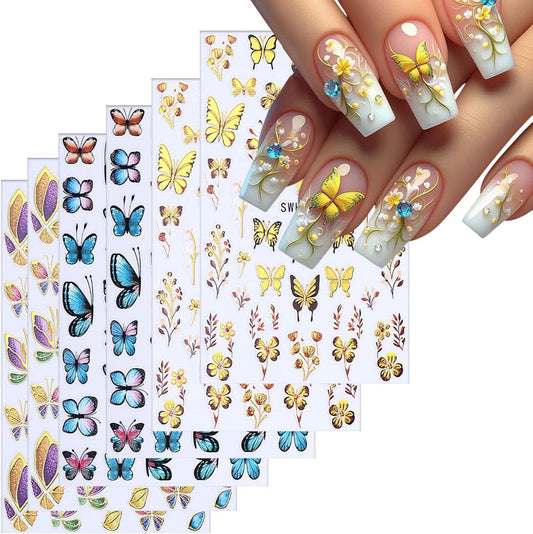 Butterfly Nail Art Stickers Gold Butterflies Nails Art Decals 3D Self-Adhesive Nails Sticker Holographic Spring Decal Decoration for Women Blue Butterfly Manicure Stickers DIY Nail Supplies-BrightBean Baby