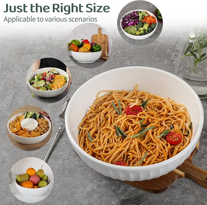 HAPPY KIT Serving Bowls, 130 OZ(11") Extra Large Salad Bowls Set of 2, Porcelain White Mixing Bowls for Salad, Soup, Pasta and Dinner, Large Ceramic Bowl Set for Entertaining