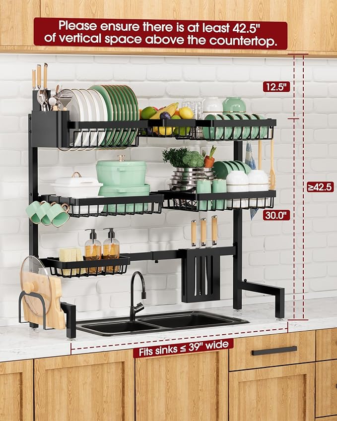 Dish Drying Rack - Over The Sink Dish Drainer Drying Rack with Utensil & Knife Holder, Hooks, Stainless Steel Kitchen Organizers and Storage Solution, 11.8" D x 31.5"~39.0''W x 30" H, Black
