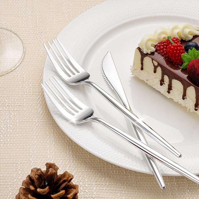 Rubtlamp 90Pcs Silver Plastic Silverware, Silver Plastic Thanksgiving Utensils, Plastic Cutlery Include 30 Knives, 30 Forks and 30 Spoons, Silverware Heavy Duty For Thanksgiving