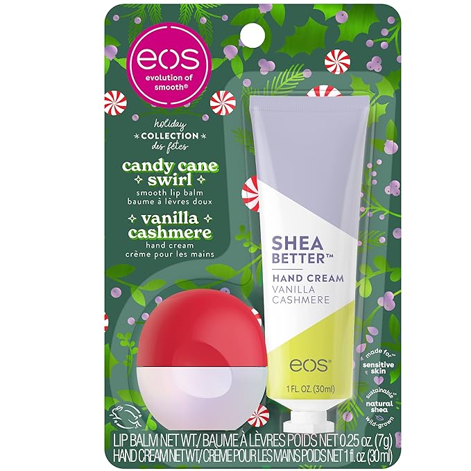 EOS Limited Edition Holiday Collection- Candy Cane Swirl Lip Balm & Vanilla Cashmere Hand Cream, 24-Hour Hydration, 2-Pack, Clear-BrightBean Baby