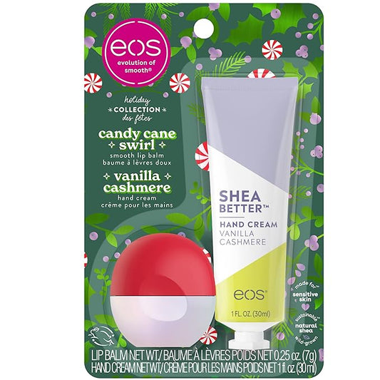 EOS Limited Edition Holiday Collection- Candy Cane Swirl Lip Balm & Vanilla Cashmere Hand Cream, 24-Hour Hydration, 2-Pack, Clear-BrightBean Baby