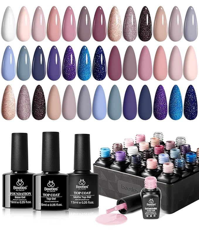 Beetles Gel Nail Polish Kit, 23Pcs Nude Pink Gel Polish White Gray Baby Blue Glitters Nail Polish Set with Glossy Matte Top Coat and Base Coat Fall Winter U V Soak Off Manicure Gift For Women-BrightBean Baby