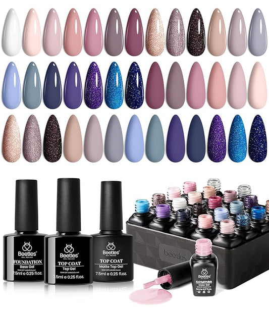 Beetles Gel Nail Polish Kit, 23Pcs Nude Pink Gel Polish White Gray Baby Blue Glitters Nail Polish Set with Glossy Matte Top Coat and Base Coat Fall Winter U V Soak Off Manicure Gift For Women-BrightBean Baby