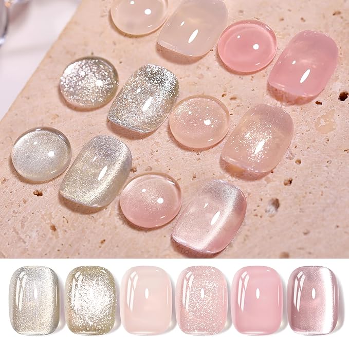 Born Pretty Gel Nail Polish Nude Pink Series,Jelly Transparent,Cat Magnetic Eye,Shimmer Glitter Holographic Nude Pink Gel Polish Kit for Salon Manicure and Nail Art DIY at Home 6Colors-BrightBean Baby