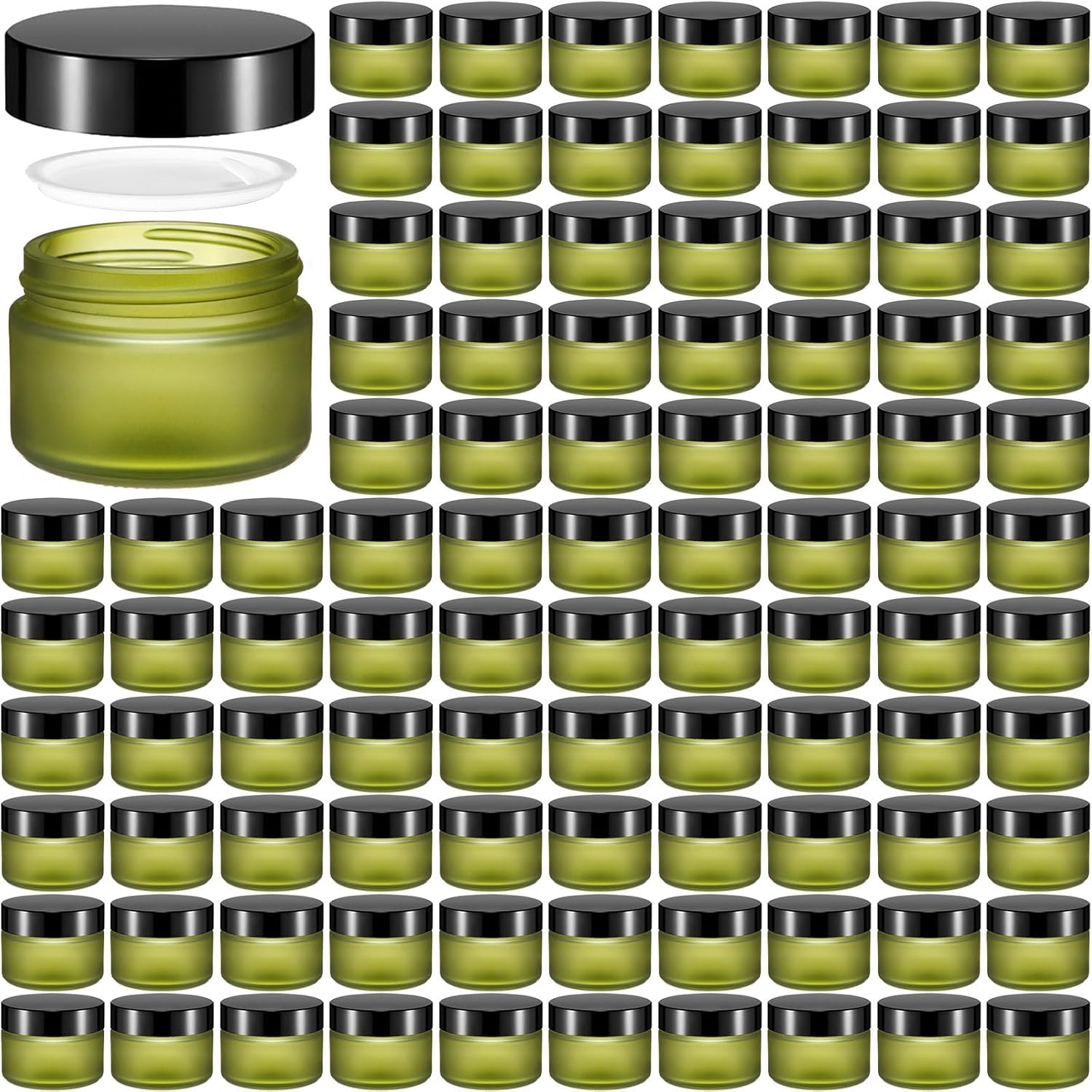 Domensi 100 Pcs 1 oz Glass Jars with Lids Bulk Round Glass Cosmetic Jars Lids 1 oz Small Travel Containers with Inner Liner for Lotions Powders Ointments Sample Cream(Bean Green,Black)-BrightBean Baby