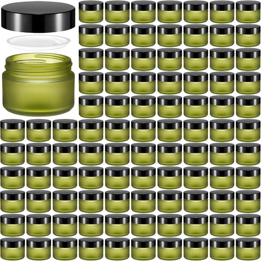 Domensi 100 Pcs 1 oz Glass Jars with Lids Bulk Round Glass Cosmetic Jars Lids 1 oz Small Travel Containers with Inner Liner for Lotions Powders Ointments Sample Cream(Bean Green,Black)-BrightBean Baby