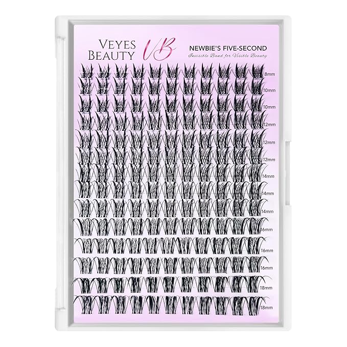 VEYESBEAUTY Lash Clusters Kit Eyelash Extensions Thin & Invisible Band DIY Individual False Eyelashes Newbie's Five-Second Series Lash Tray for Self-application, Sylph Lashes 8-18mm Mixed Length-BrightBean Baby