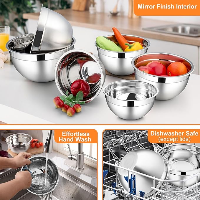 LIANYU Mixing Bowls with Visible Lid Sets of 6, Stainless Steel Metal Salad Nesting Bowls, Large & Small 7, 3.5, 2.5, 2, 1.5, 1QT Size For Kitchen, Baking, Storage, Food Prepping, Serving, Multi-Color