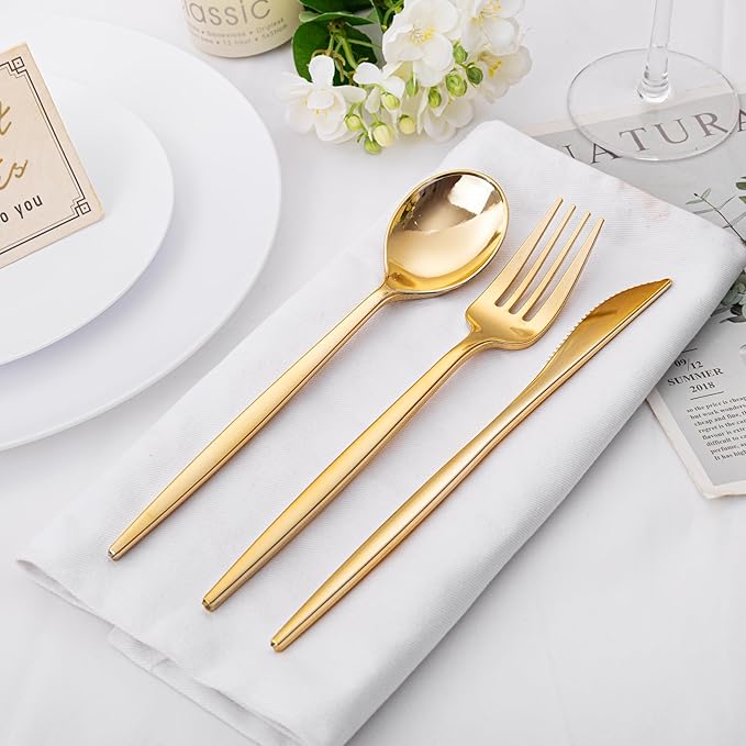 PULOTE 300PCS Gold Plastic Silverware Set Disposable - Heavy Duty Gold Utensils Set - Plastic Cutlery Disposable - Include 100 Knives, 100 Forks, 100 Spoons for Party & Wedding