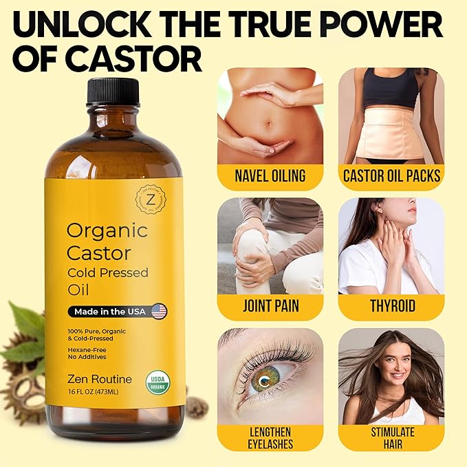 Zen Routine Organic Castor Oil (BIG Glass Bottle - 32oz) Hexane Free – Hair Growth Oil, Eye Lashes & Stomach – Pure 100% Cold Pressed Unrefined Oil for Castor Pack – USDA Certified, Made in the USA-BrightBean Baby