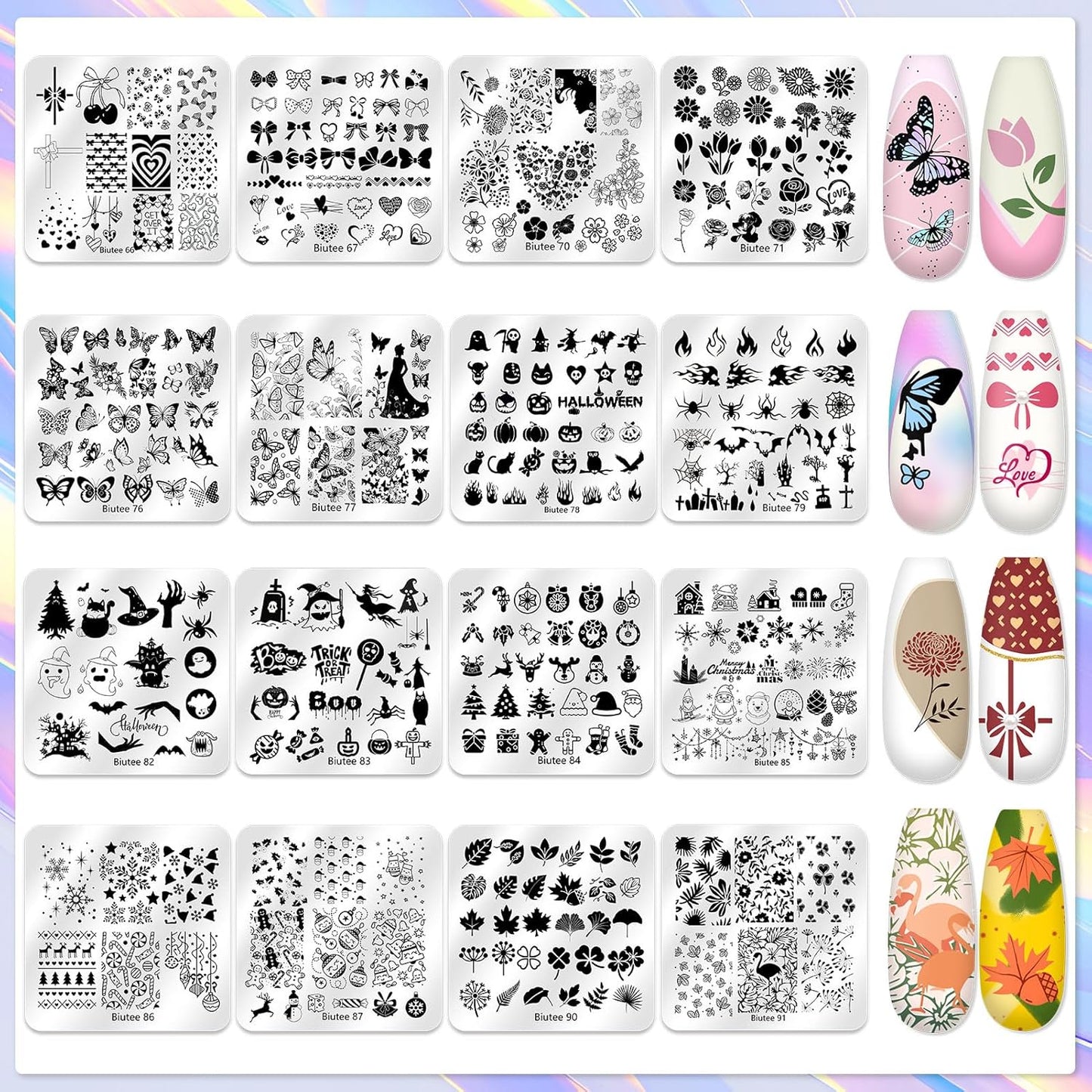 Biutee Nail Stamper Kit 16Pcs Nail Art Stamping Plate 8 Colors Stamp Polish Gel Silicone Stamper Scraper with Storage Bag, Nail Stamp Plates Love Flower Butterfly Leaf Template Halloween Design Gift-BrightBean Baby